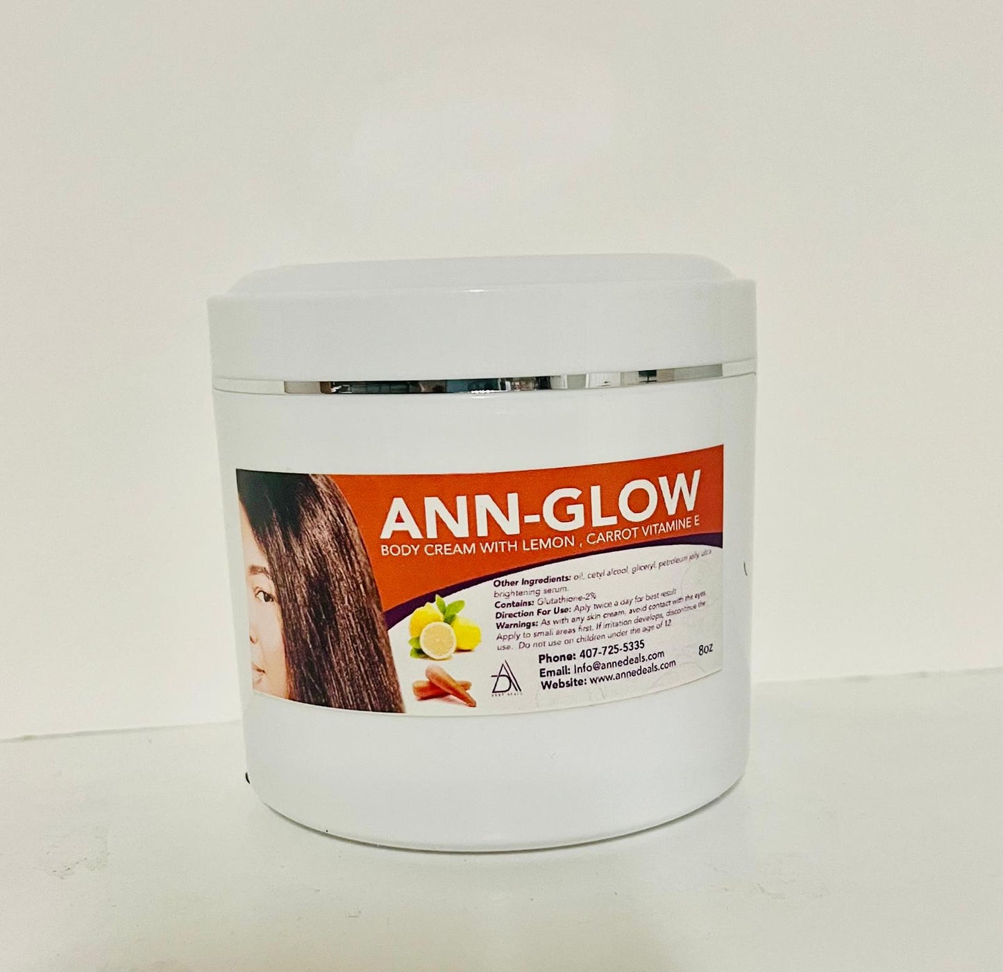 Ann-Glow whitening face and body cream make with fruits Acids and sun ray filters, removes dark , spot , acne . results guaranteed within 2 weeks. 16 oz